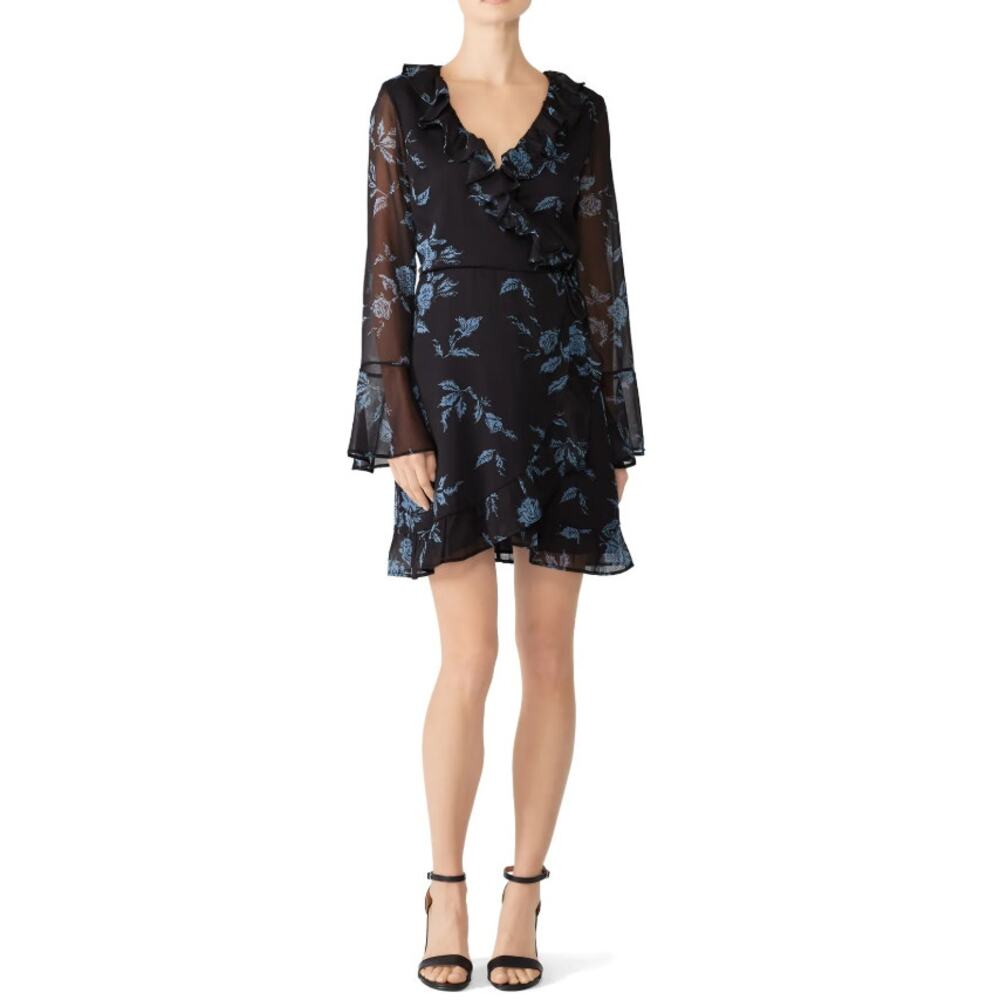 Cleobella Lucy Mini Wrap Dress Black Blue Floral Ruffle Sheer Bell Sleeves Sz XS